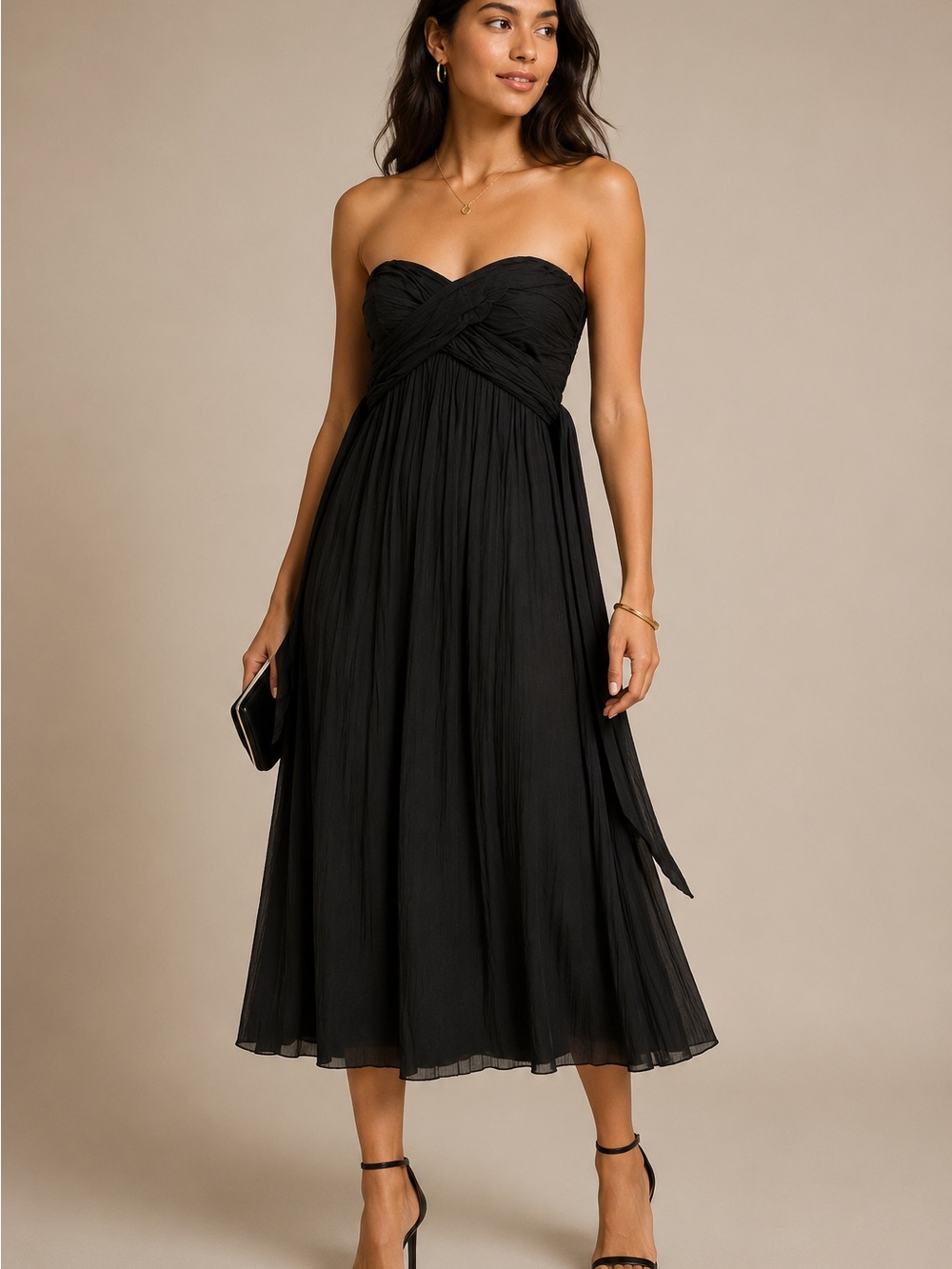 J.Crew Black Silk Strapless Pleated Cocktail Dress Size 10 Midi Formal Party